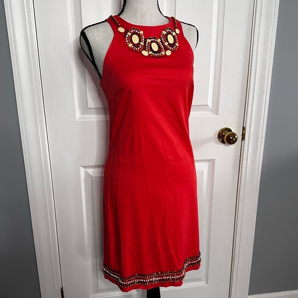 Le Chateau | CORAL /ORANGE BEADED SLEEVELESS MID LENGTH DRESS Size XS